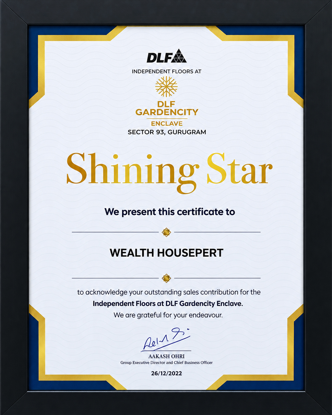 DLF Gardencity Enclave Shining Star certificate awarded to Wealth Housepert