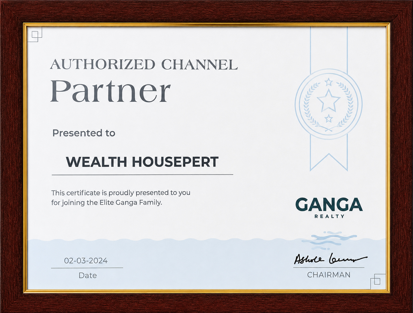 Ganga Realty Authorized Channel Partner certificate presented to Wealth Housepert