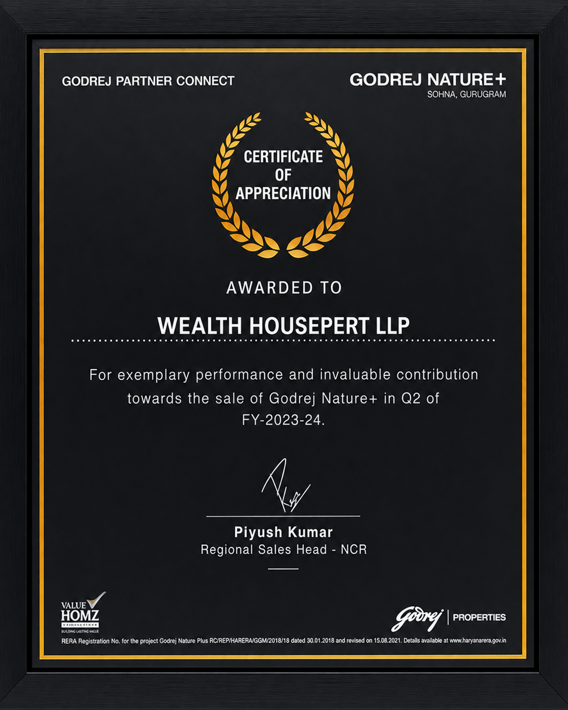 Godrej Nature+ Certificate of Appreciation awarded to Wealth Housepert LLP