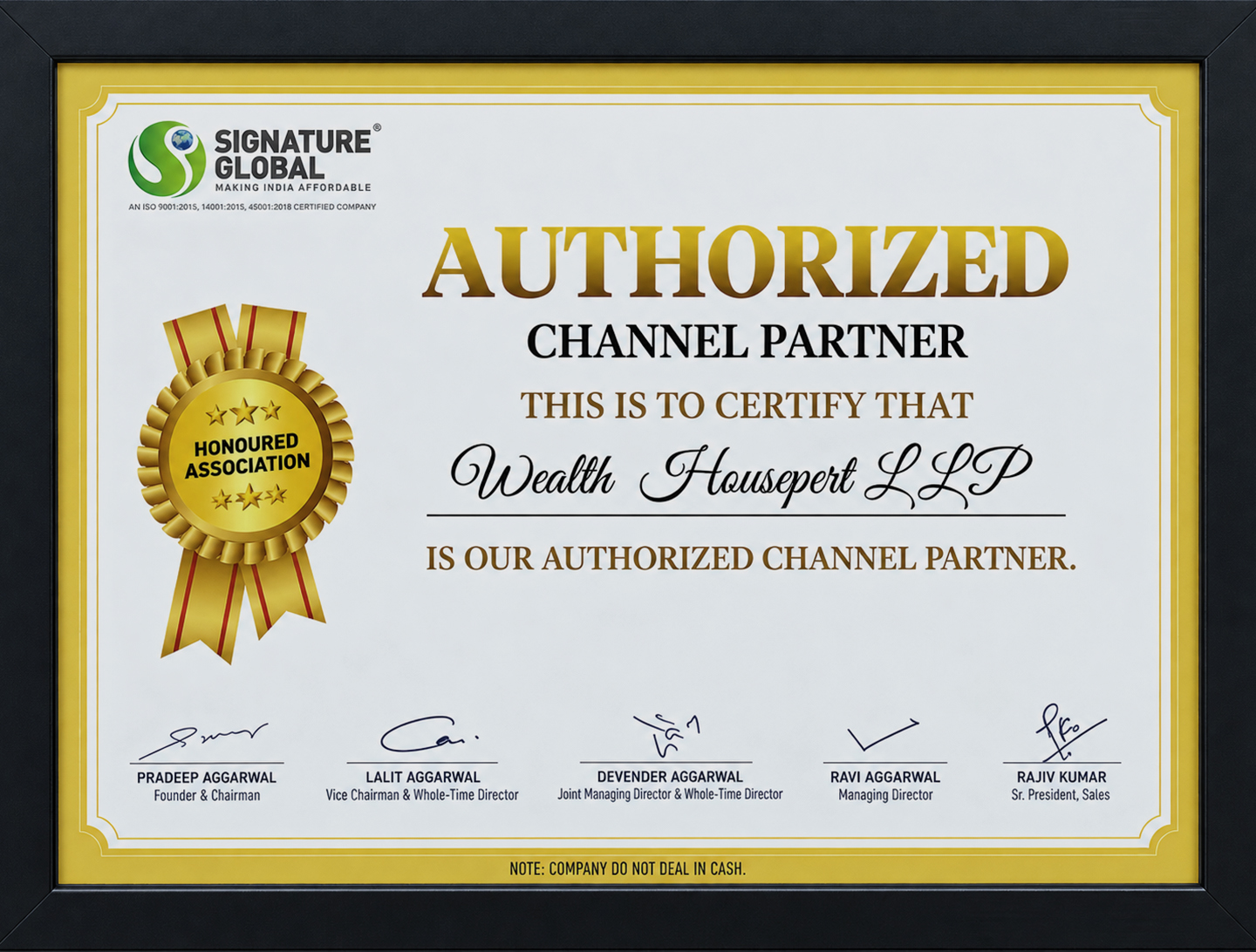 Signature Global Authorized Channel Partner certificate awarded to Wealth Housepert LLP